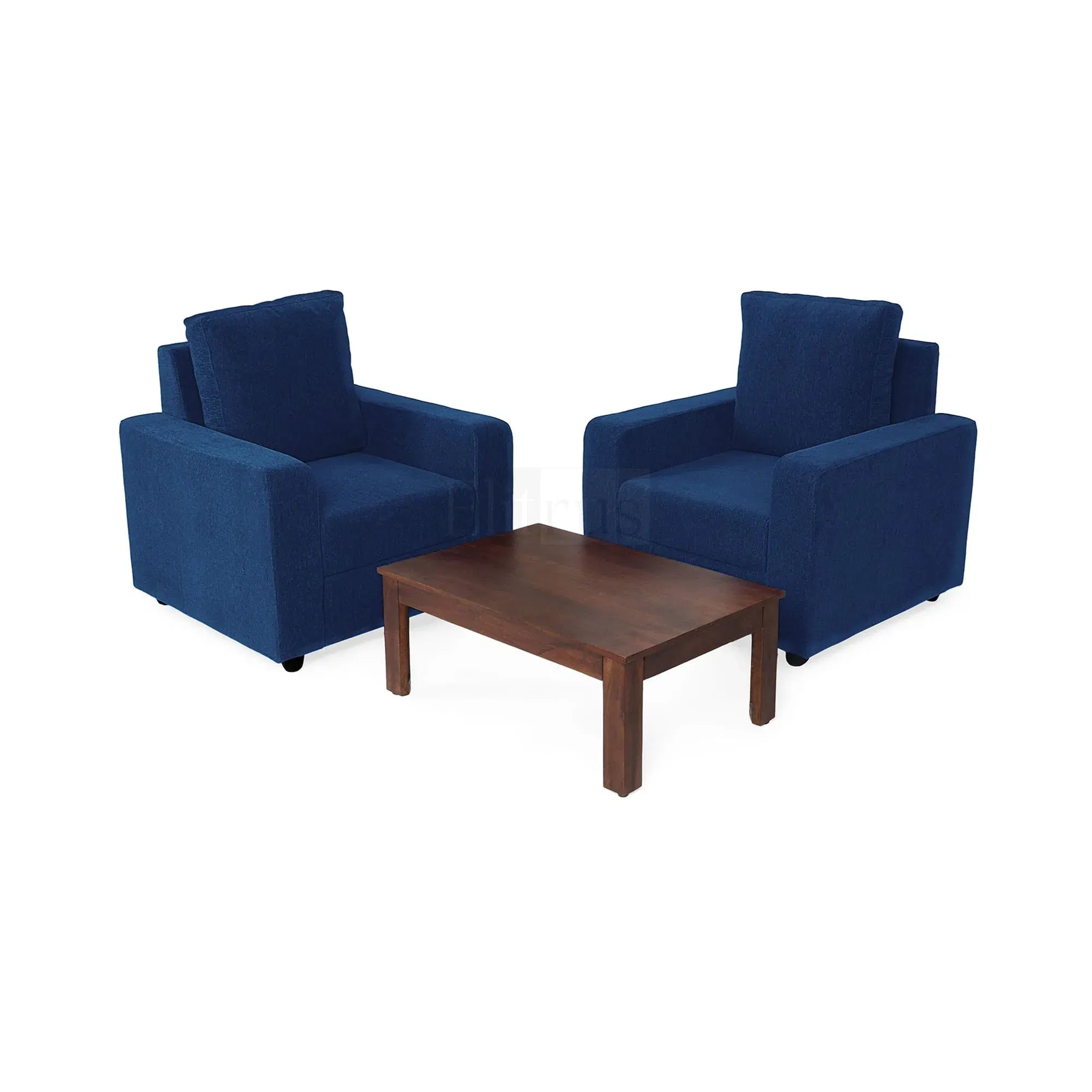 Combo 23 -Â Klassik Blue 1 Seater + 1 Seater Sofa + Coffee Table In Mango Walnut Finish by Urban Ladder
