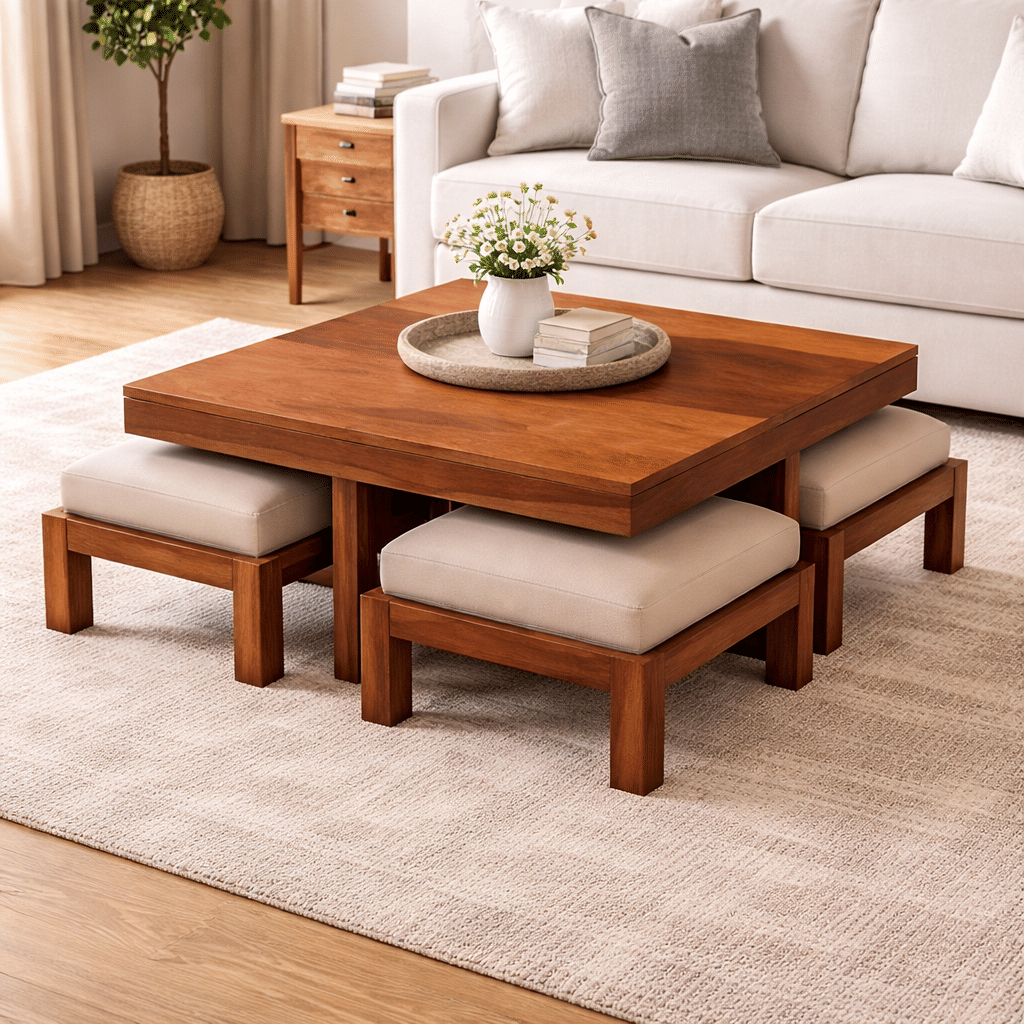 Coffee Table with 4 Stools | 4-Seater Set