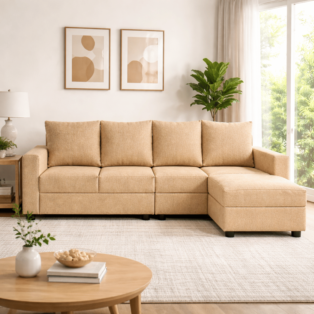 Klassik Beige 4 Seater Interchangeable L Shape Sofa Set  by Elitrus