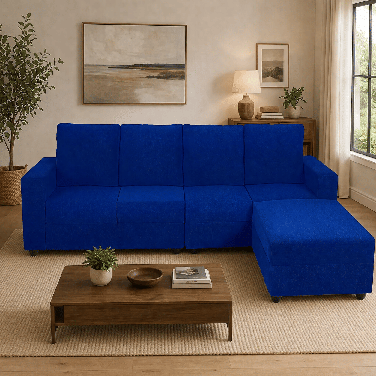 Klassik Blue 4 Seater Interchangeable L Shape Sofa Set  by Elitrus